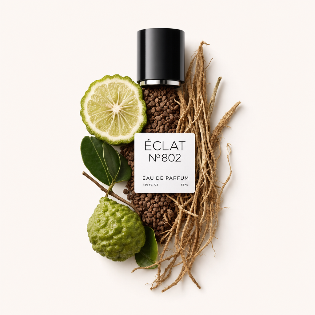 Ein Arrangement aus Vetiverwurzeln, Bergamottenscheiben und Blättern umgibt die originale schwarze Kappe von ÉCLAT Vetiver & Bergamot und präsentiert die natürlichen Elemente des Duftes.
