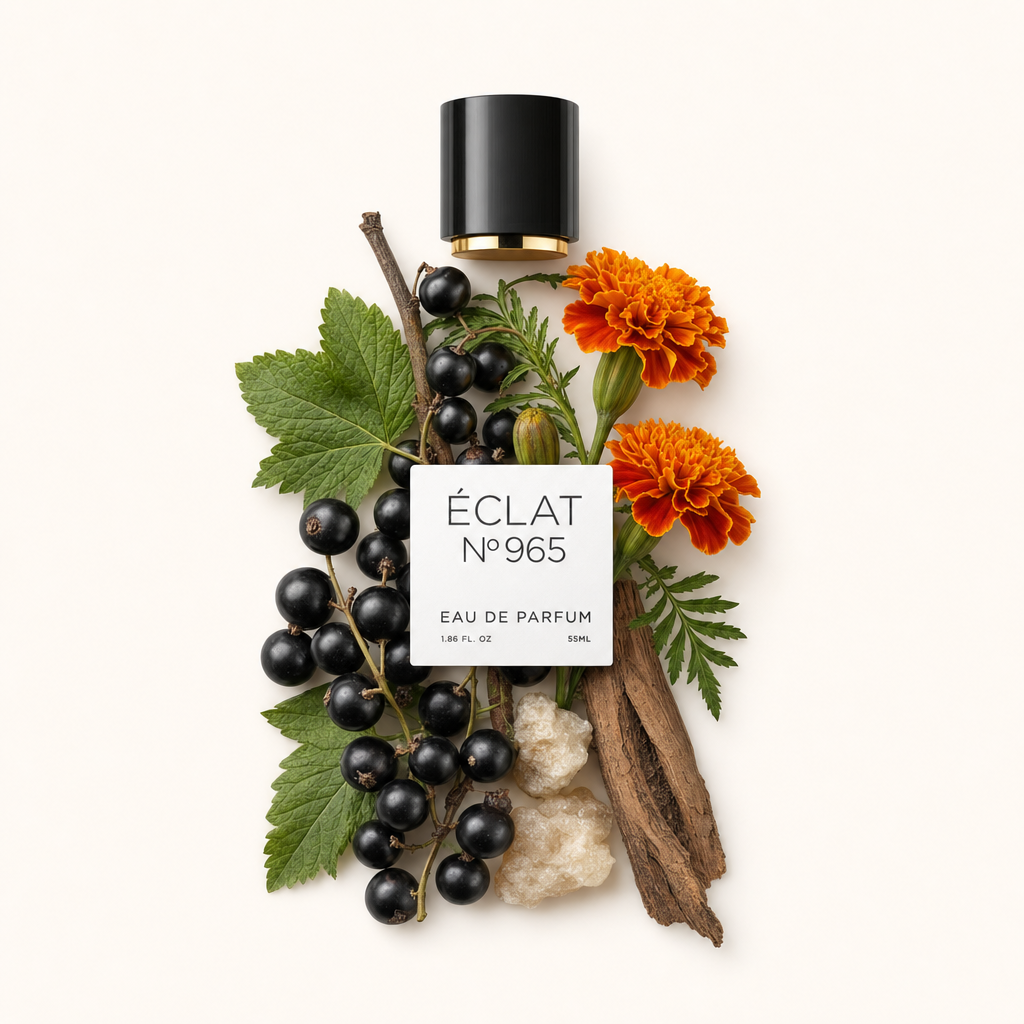 Ein Arrangement aus schwarzen Johannisbeeren, Tagetesblüten und Vetiverwurzel umgibt eine schwarze Kappe mit Etikett, das ÉCLAT Vetiver & Tagetes repräsentiert.