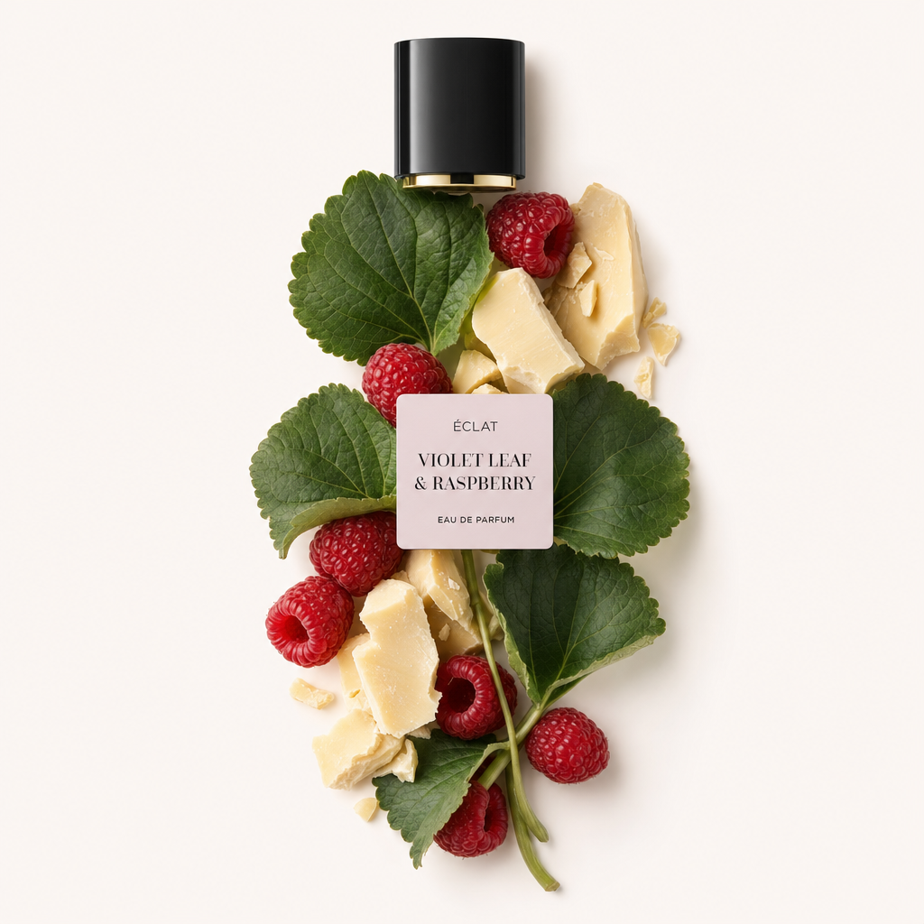 Ein Arrangement aus frischen Himbeeren und Veilchenblättern, umgeben von Stücken weißer Schokolade, mit der originalen schwarzen Kappe mit dem ÉCLAT Violet Leaf & Raspberry Etikett.