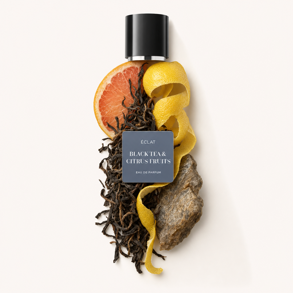 Eine Komposition aus schwarzen Teeblättern, Grapefruitscheibe, Zitronenschale und einem Stein neben ÉCLAT Black Tea & Citrus Fruits Kappe mit Etikett.