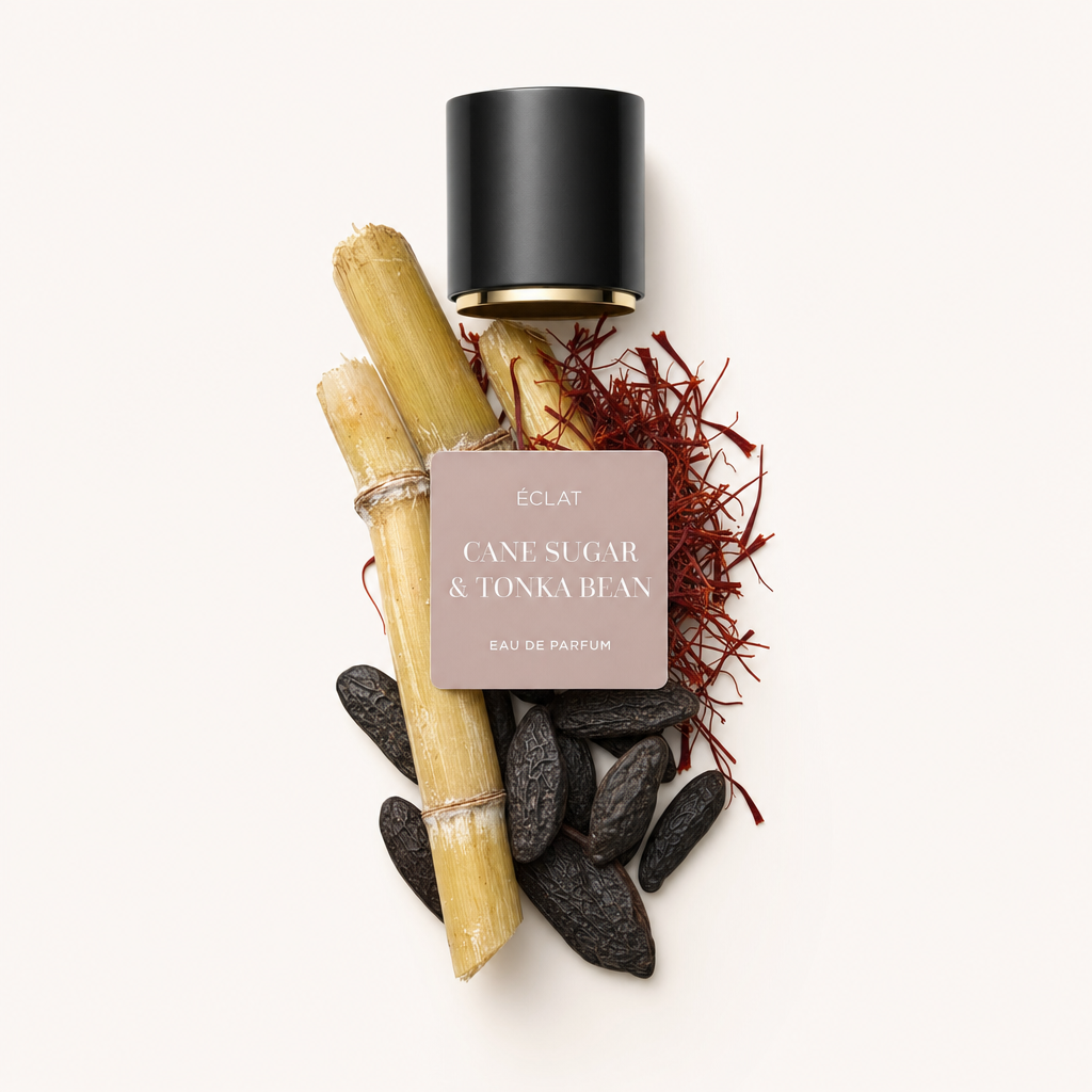 Ein Arrangement aus rohen Tonkabohnen, Zuckerrohrstangen und Safranfäden, mit einer schwarzen Kappe und dem ÉCLAT Cane Sugar & Tonka Bean Etikett.