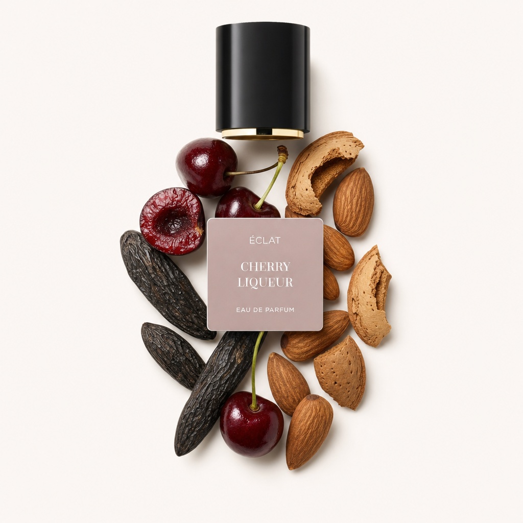 Ein sorgfältig arrangiertes Stillleben aus Kirschen, Vanilleschoten, Mandeln und Schalen umgibt eine schwarze Kappe mit ÉCLAT Cherry Liqueur Etikett.