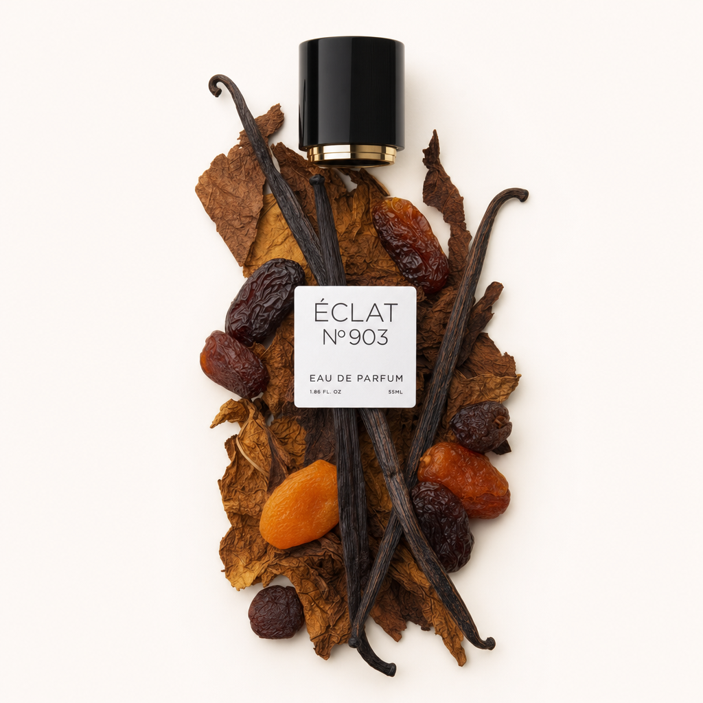 Ein Arrangement aus Tabakblättern, Trockenfrüchten und Vanilleschoten umgibt eine schwarze Kappe mit Etikett, repräsentiert ÉCLAT VIP - Dry Fruits, Vanilla & Tobacco.