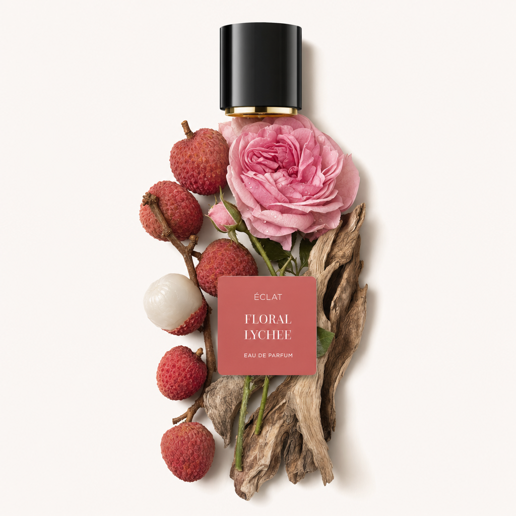 Ein Arrangement aus Litschis, einer rosa Rose und Treibholz um die schwarze Verschlusskappe von ÉCLAT mit dem Etikett 'ÉCLAT Floral Lychee'.