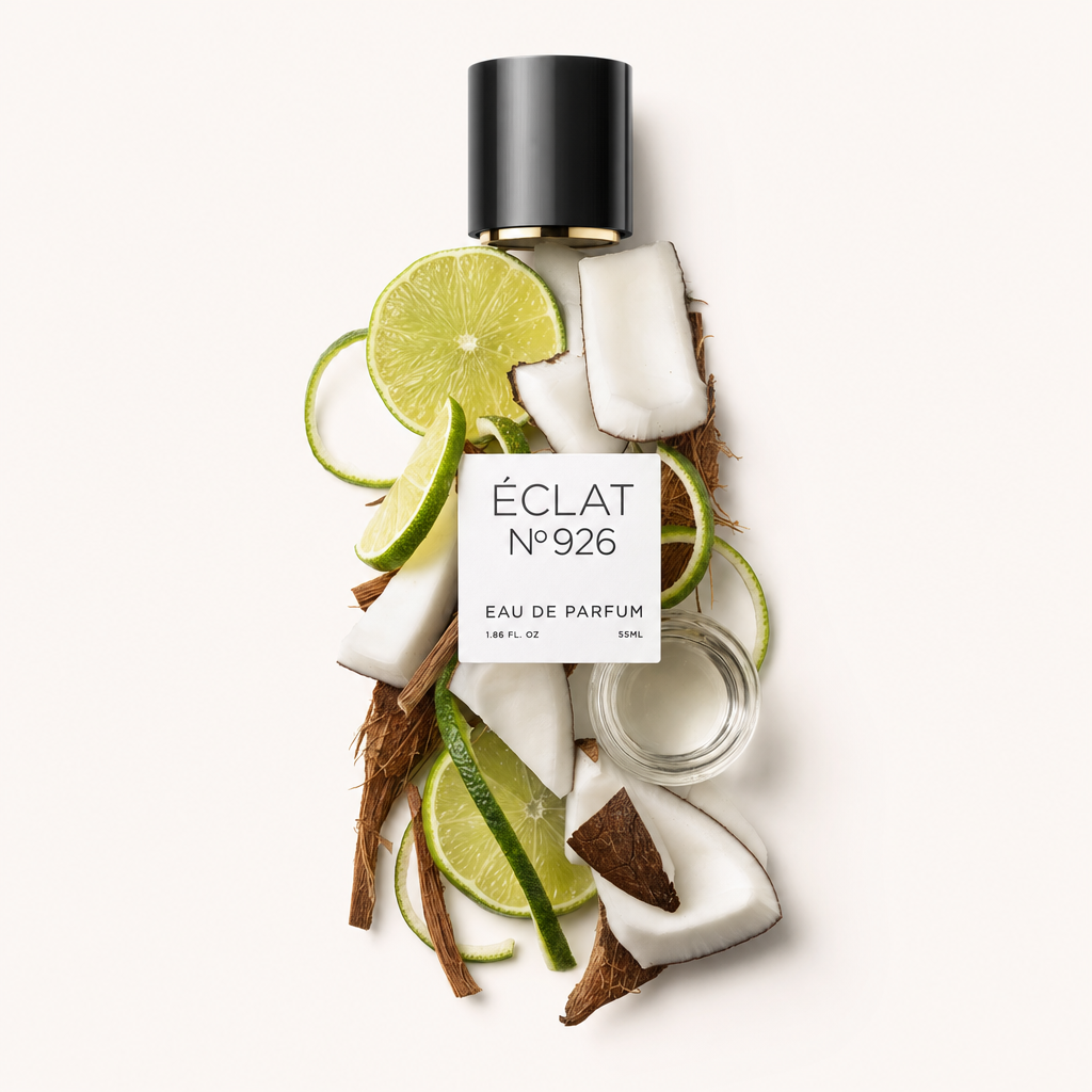 Ein Arrangement aus frischen Limettenscheiben und Kokosnussstücken umgibt eine schwarze Kappe mit dem Etikett ÉCLAT Lime & Coconut.