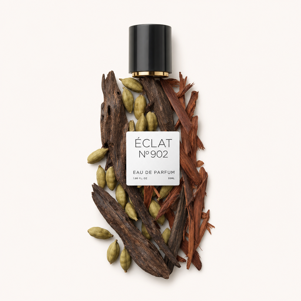 Ein Arrangement aus Rosenholz und Kardamom umgibt eine schwarze Verschlusskappe mit Etikett, das ÉCLAT VIP - Oud & Rosewood darstellt.