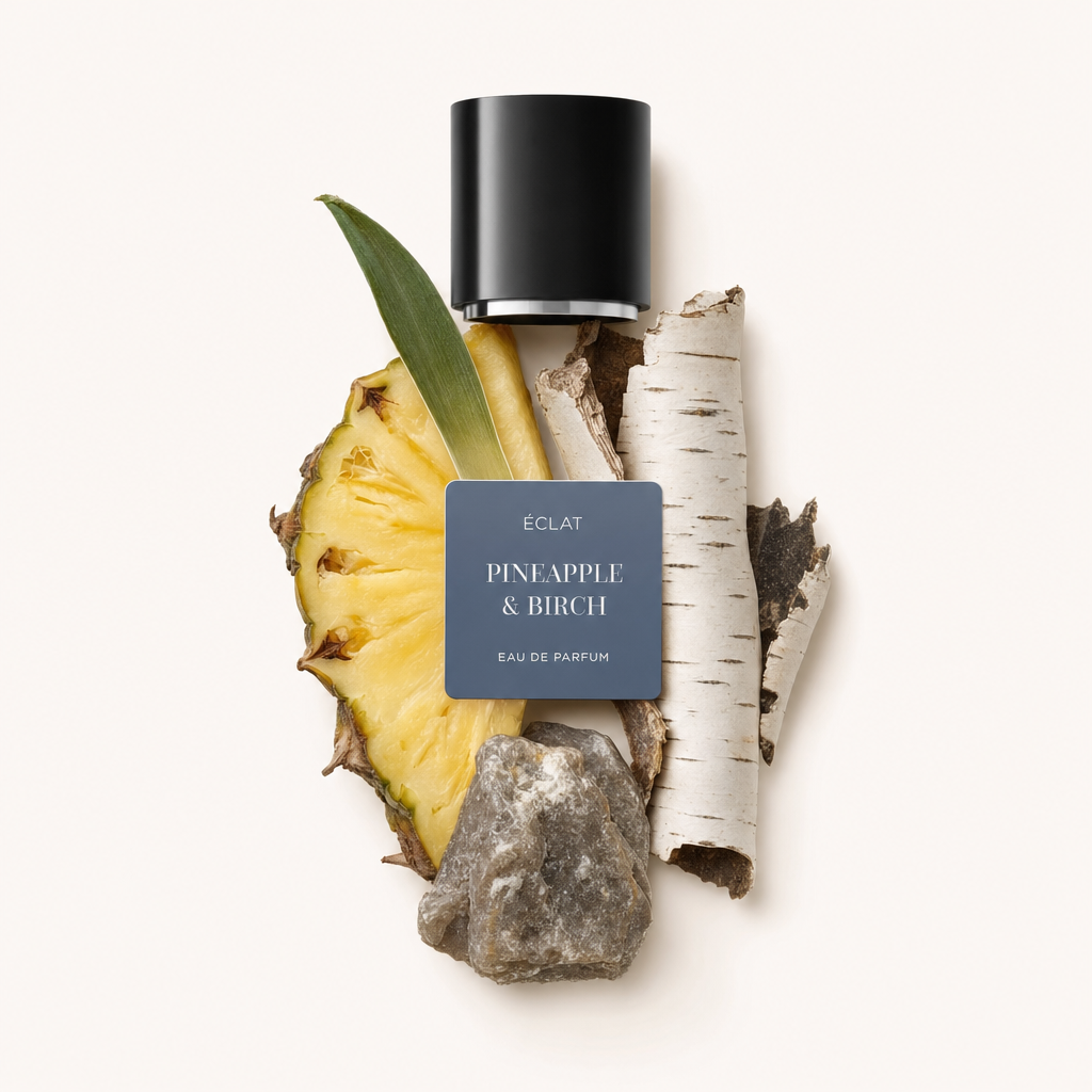 Ein Arrangement aus Ananasscheibe, Birkenrinde und einem strukturierten Stein umgibt eine schwarze Verschlusskappe mit einem Etikett von ÉCLAT Pineapple & Birch.