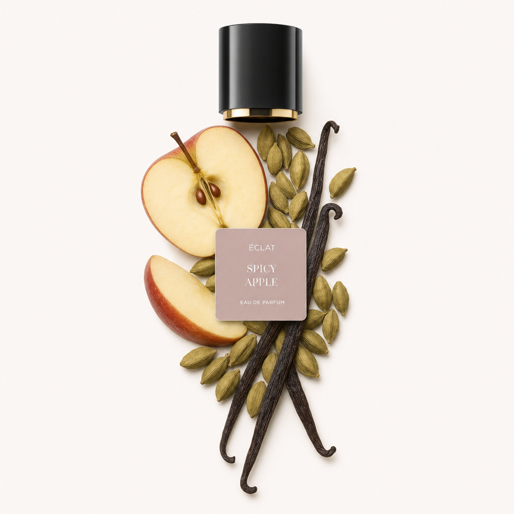 Ein Arrangement aus Apfelscheiben, Kardamomkapseln und Vanilleschoten, mit einer schwarzen Kappe mit ÉCLAT Spicy Apple Etikett.