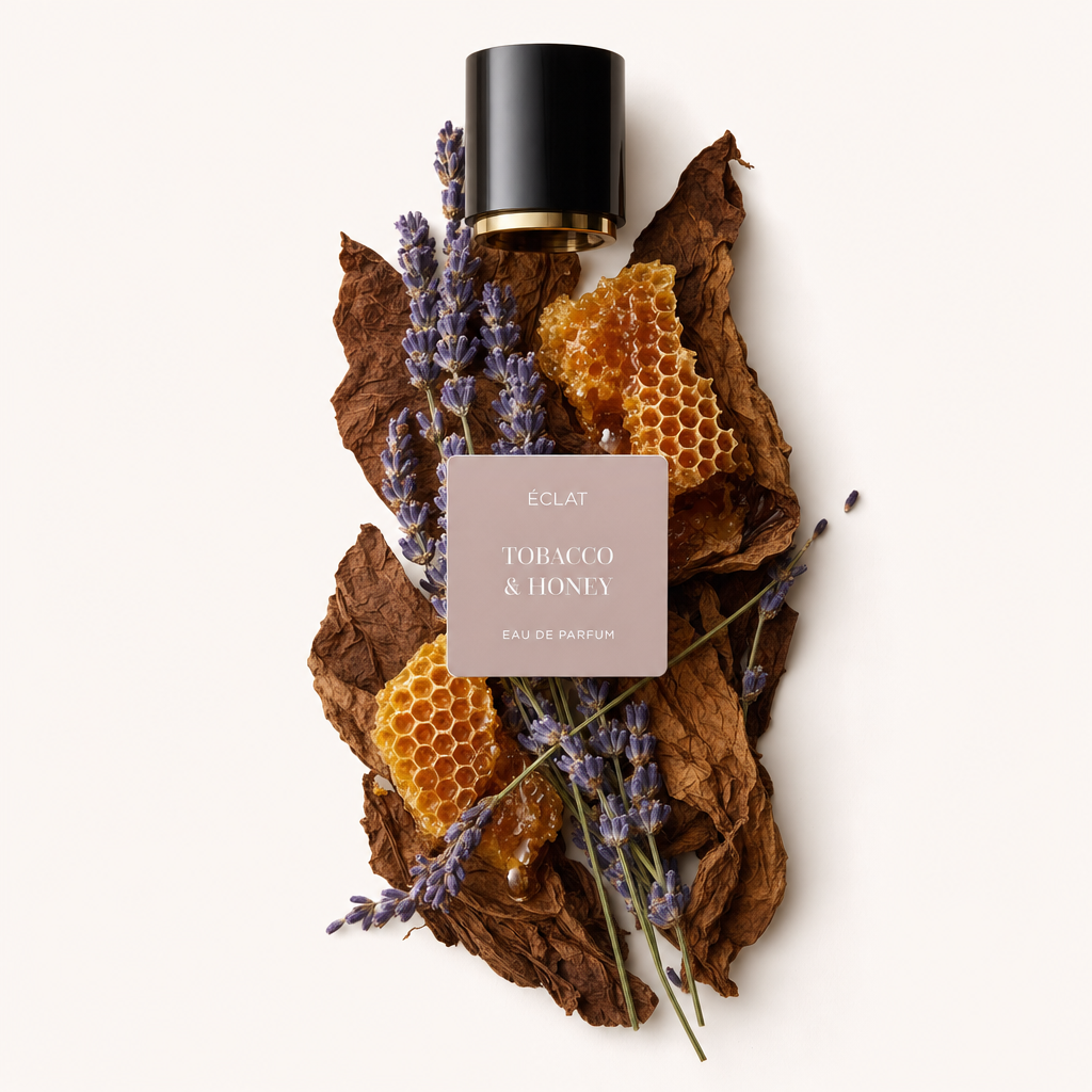 Ein Arrangement aus getrockneten Tabakblättern, goldener Wabe und Lavendelzweigen umgibt eine schwarze Kappe mit goldfarbenem Akzent und dem Etikett ÉCLAT Tobacco & Honey.