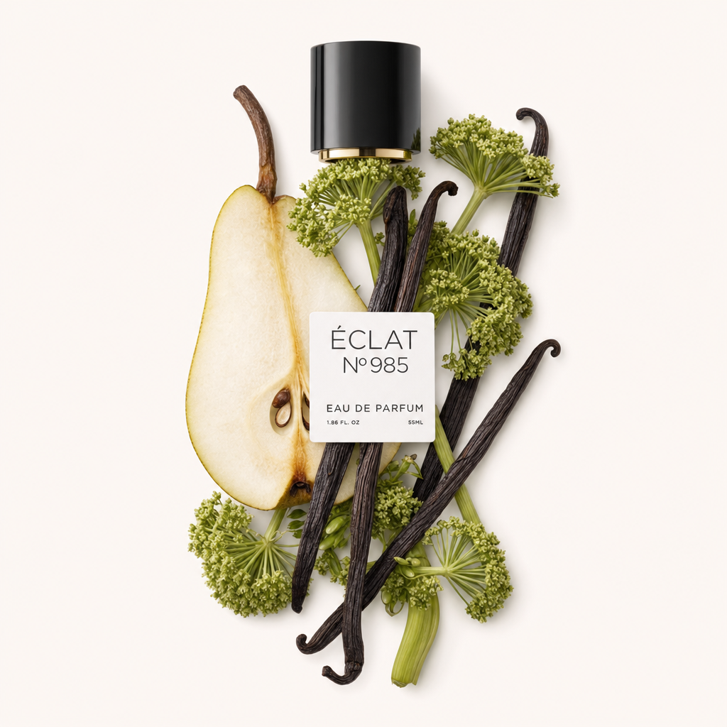Ein Arrangement aus Angelikablüten, Vanilleschoten und einer Birnenscheibe, mit einer schwarzen Kappe, beschriftet ÉCLAT Vanilla & Angelica.