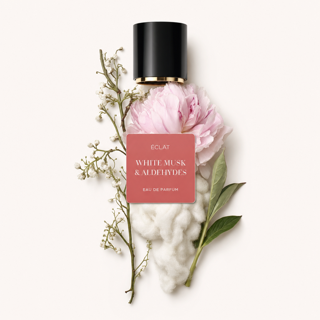 Ein ruhiges Arrangement mit einer rosa Pfingstrose, weichen Baumwollwolken und zarten weißen Blüten unter einer schwarzen Kappe mit dem Etikett ÉCLAT White Musk & Aldehydes.