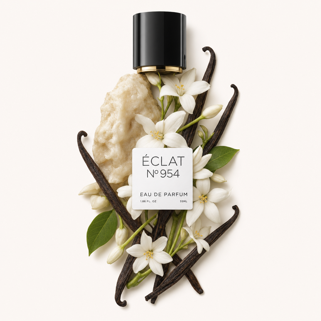 Ein Arrangement aus Vanilleschoten, weißen Blüten und einem hellbeigen Harz um eine schwarze Verschlusskappe von ÉCLAT - Warm Musk.
