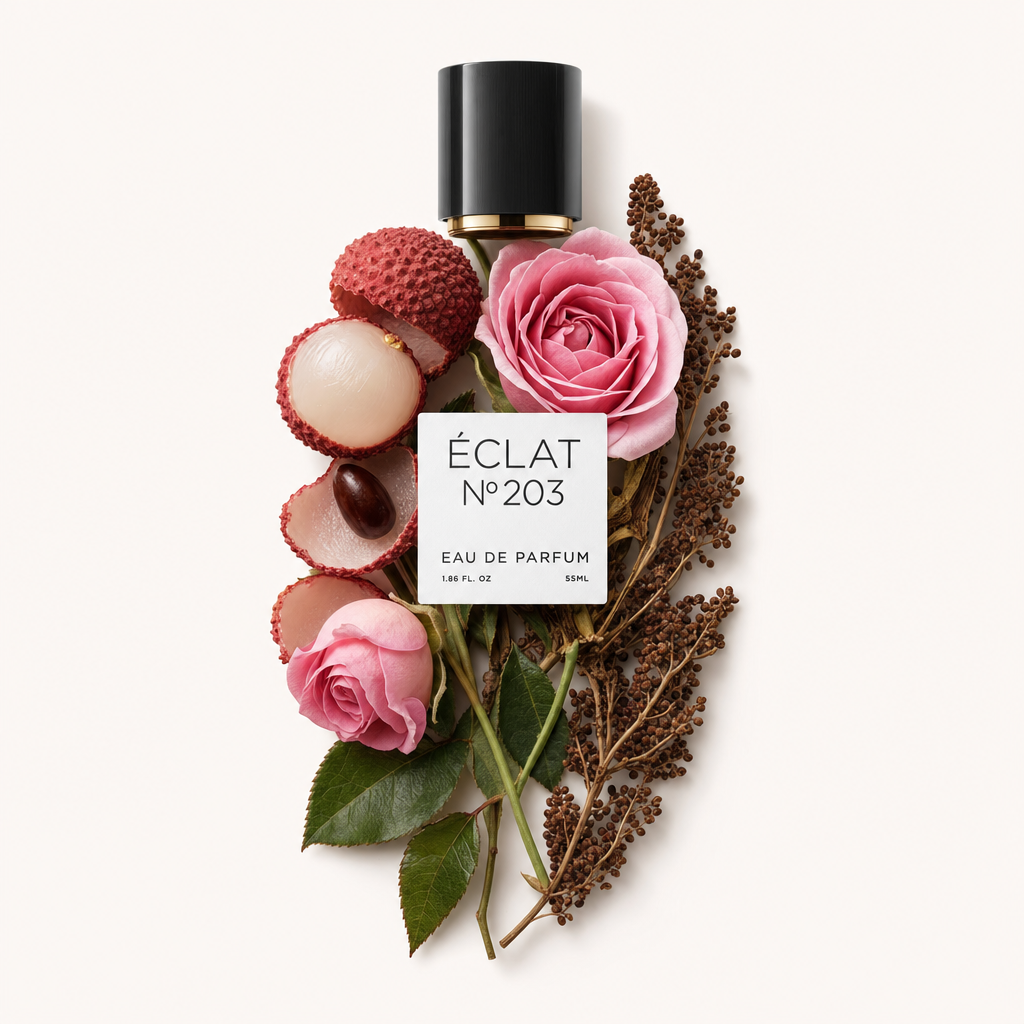 Ein Arrangement aus Litschis, rosa Rosen und braunen Samen umgibt die originale schwarze ÉCLAT-Verschlusskappe mit Etikett.