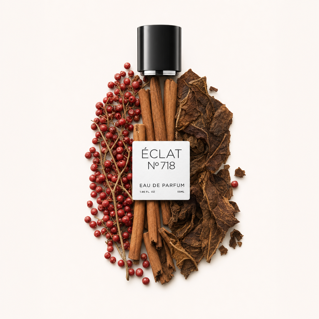 Ein sorgfältig arrangiertes Stillleben der Duftnoten von ÉCLAT Warm Spices, mit Zimtstangen, roten Pfefferkörnern und Tabakblättern sowie der originalen schwarzen Verschlusskappe und einem etikettierten quadratischen Anhänger.
