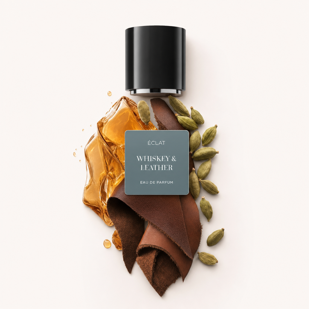 Ein Arrangement aus Whiskytropfen, Lederstreifen und Kardamomkapseln umgibt eine schwarze Kappe mit dem Etikett ÉCLAT Whiskey & Leather.