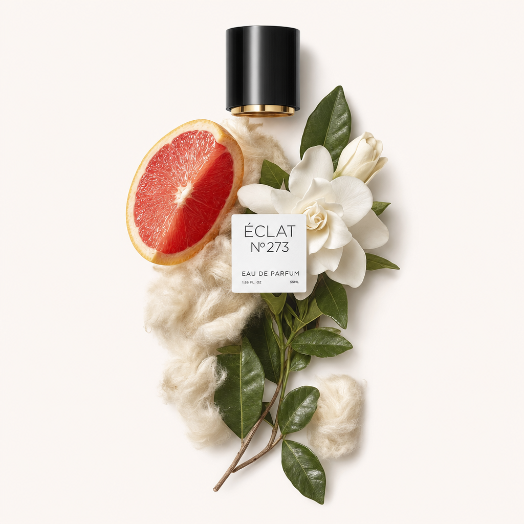Ein Arrangement aus Grapefruithälfte, weißen Blüten und grünen Blättern umgibt eine schwarze Kappe mit goldfarbenem Akzent, beschriftet mit ÉCLAT White Blossoms & Grapefruit.