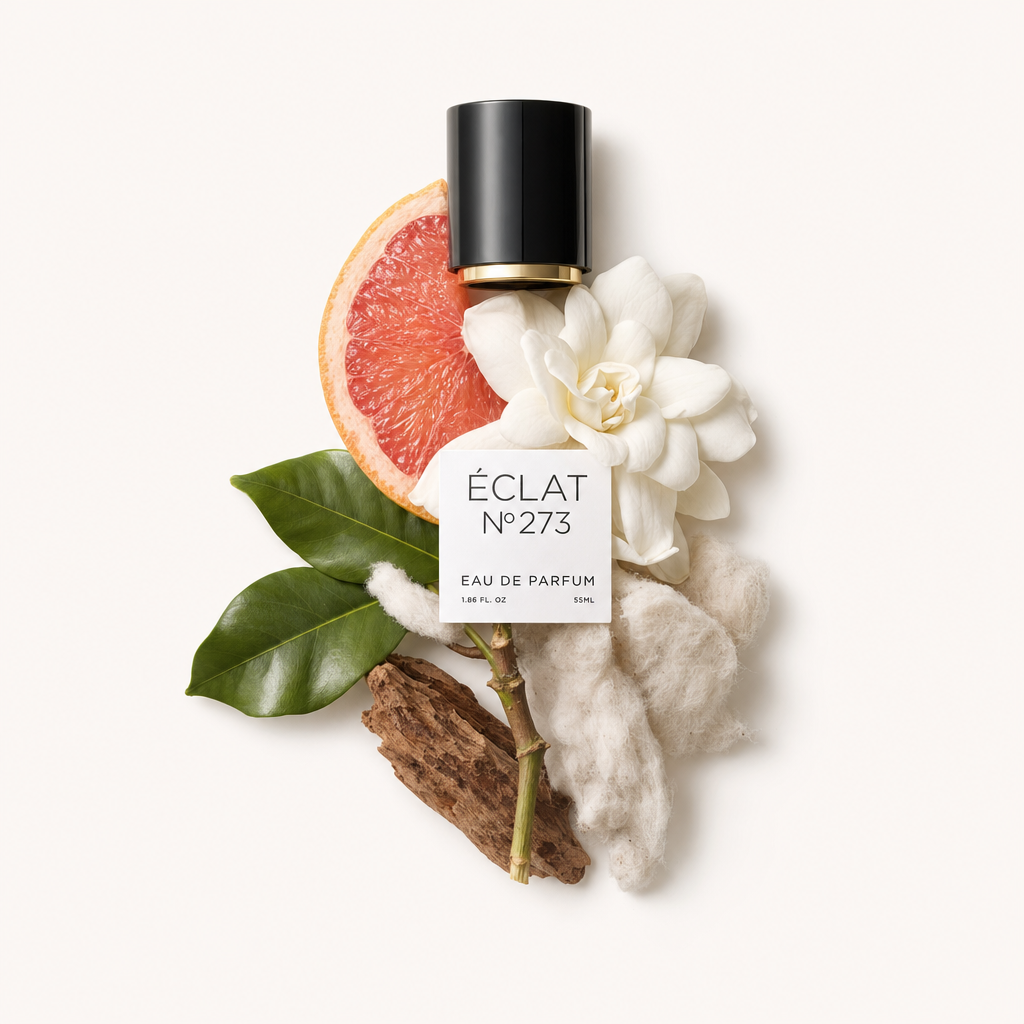 Ein Arrangement aus Grapefruit-Scheibe, weißen Blüten, grünen Blättern und Rinde mit einer schwarzen Kappe, die ein Etikett von ÉCLAT White Blossoms & Grapefruit zeigt.