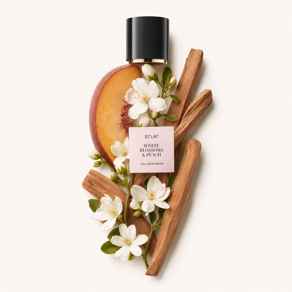Ein Arrangement aus weißen Blüten, einer Pfirsichscheibe und Holzstäben umgibt eine schwarze Kappe mit ÉCLAT-Etikett.