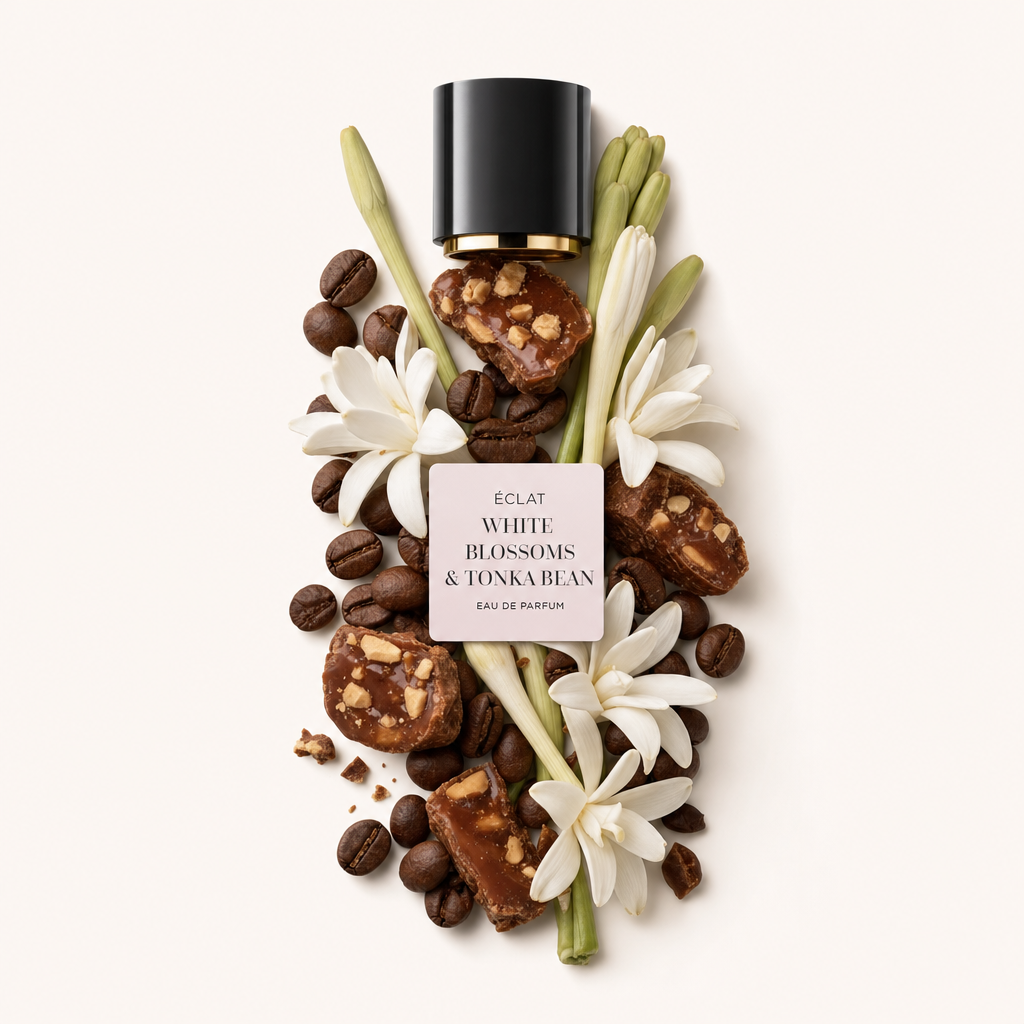Ein Arrangement aus weißen Blüten, Kaffeebohnen und karamellfarbenen Süßigkeiten umrahmt eine schwarze Verschlusskappe mit dem Etikett ÉCLAT White Blossoms & Tonka Bean.