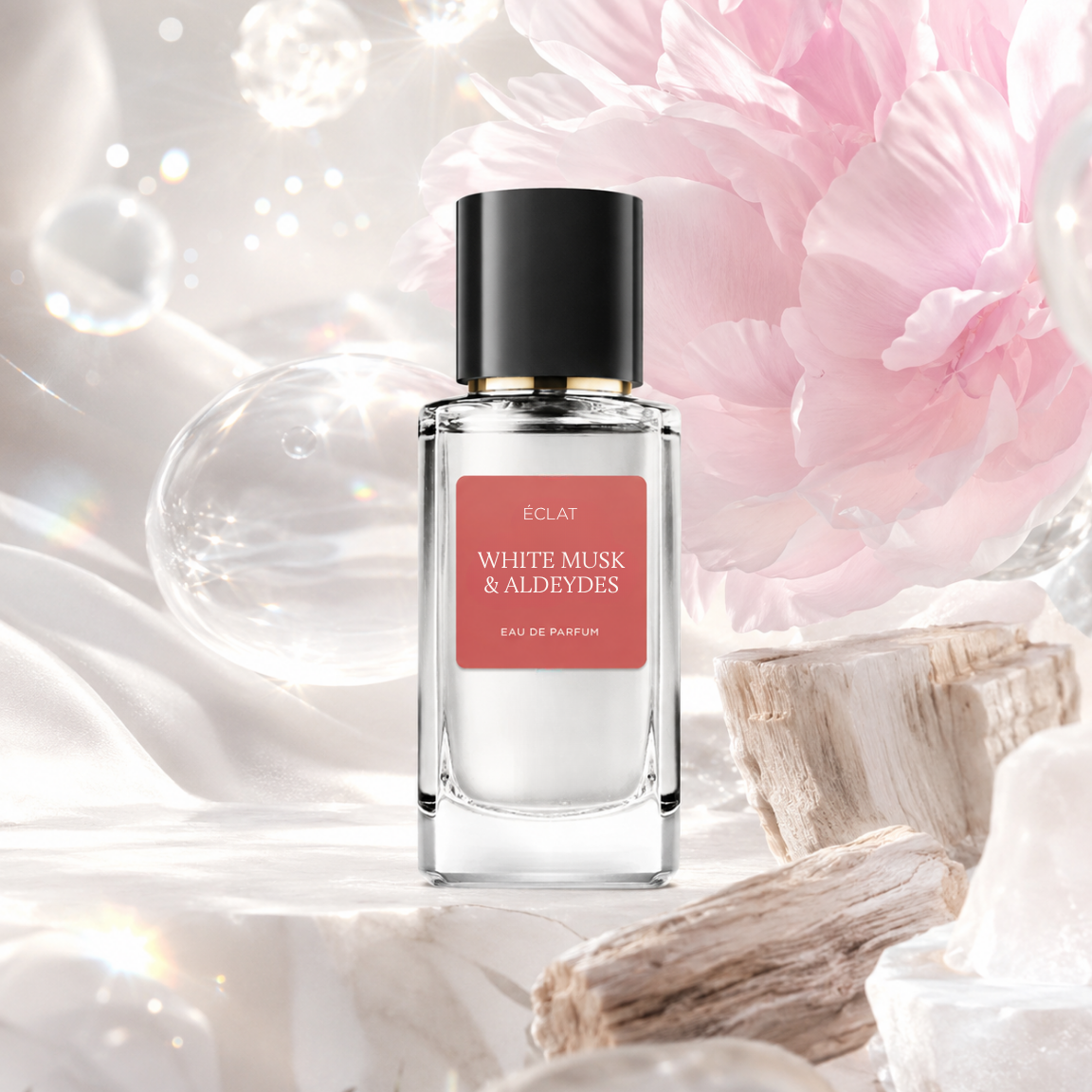 Facettierter Glasflakon von ÉCLAT White Musk & Aldehydes mit schwarzer Kappe vor einem Hintergrund aus weichen rosa Blütenblättern und weißen Texturen.