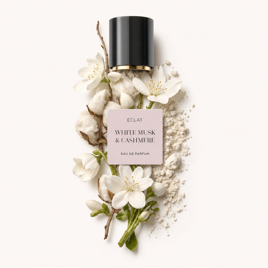 Ein Arrangement aus zarten weißen Blüten, Baumwollkapseln und feinem Puder umrahmt das ÉCLAT White Musk & Cashmere Etikett unter einer schwarzen Kappe mit goldfarbenem Akzent.