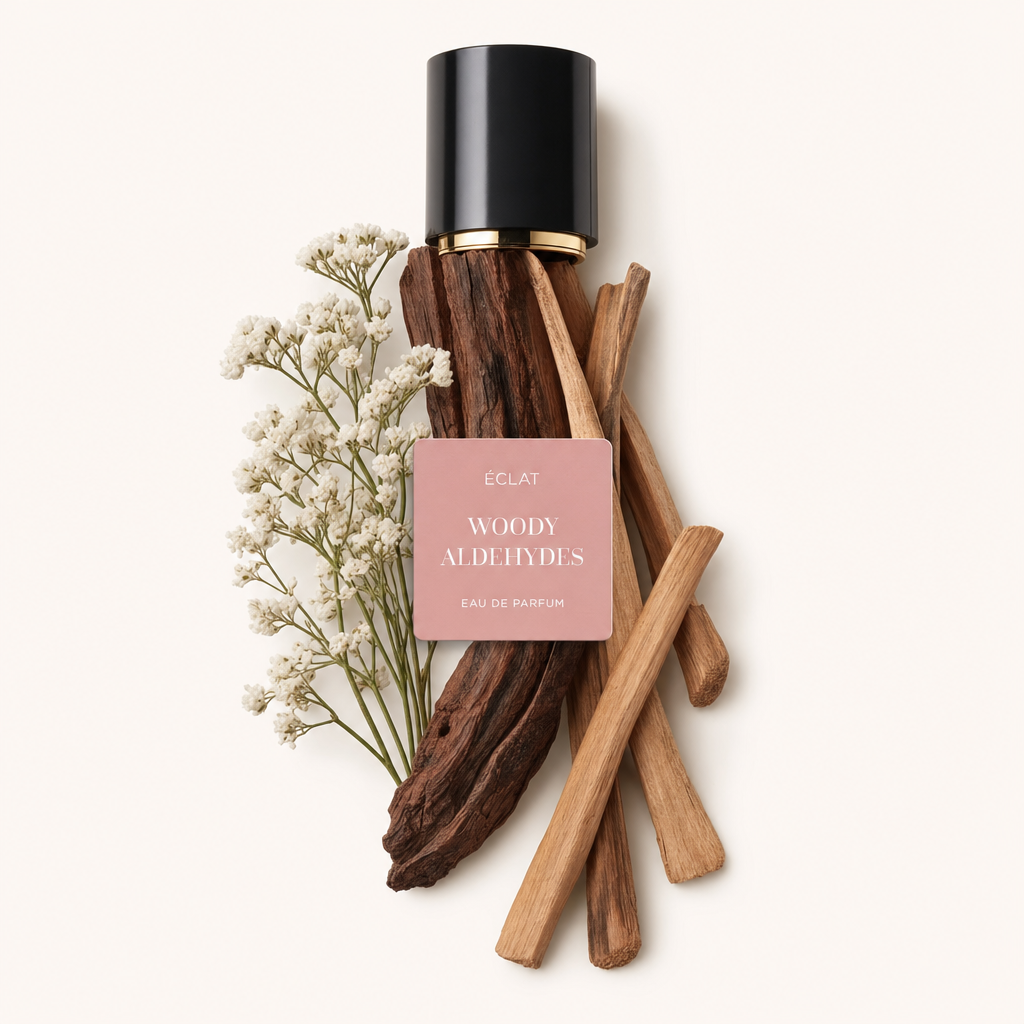 Ein arrangiertes Stillleben aus weißen Blüten und Holzstäben mit dem ÉCLAT Woody Aldehydes Etikett auf einer schwarzen Kappe mit goldenem Rand.