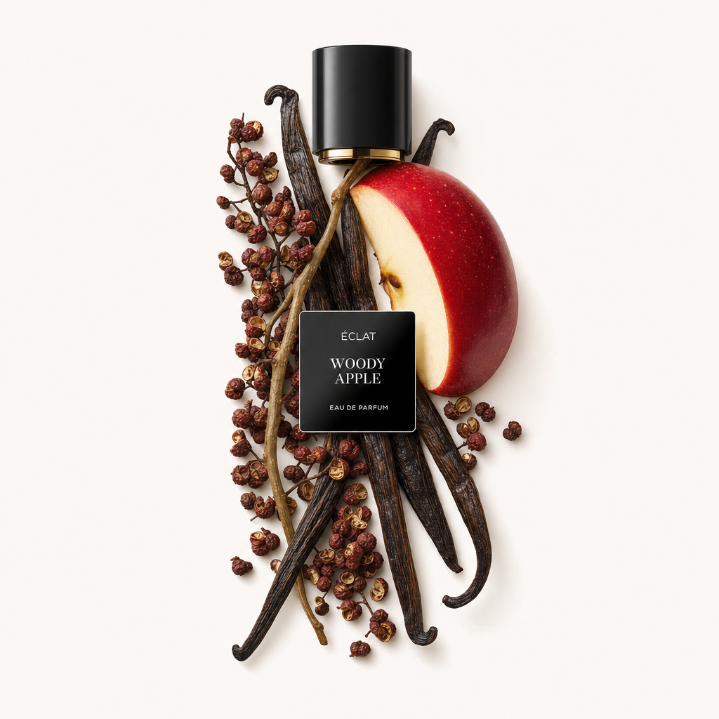 Ein Arrangement aus einer roten Apfelscheibe, Vanilleschoten und Gewürzbeeren umgibt eine schwarze Kappe mit Etikett für ÉCLAT Woody Apple.