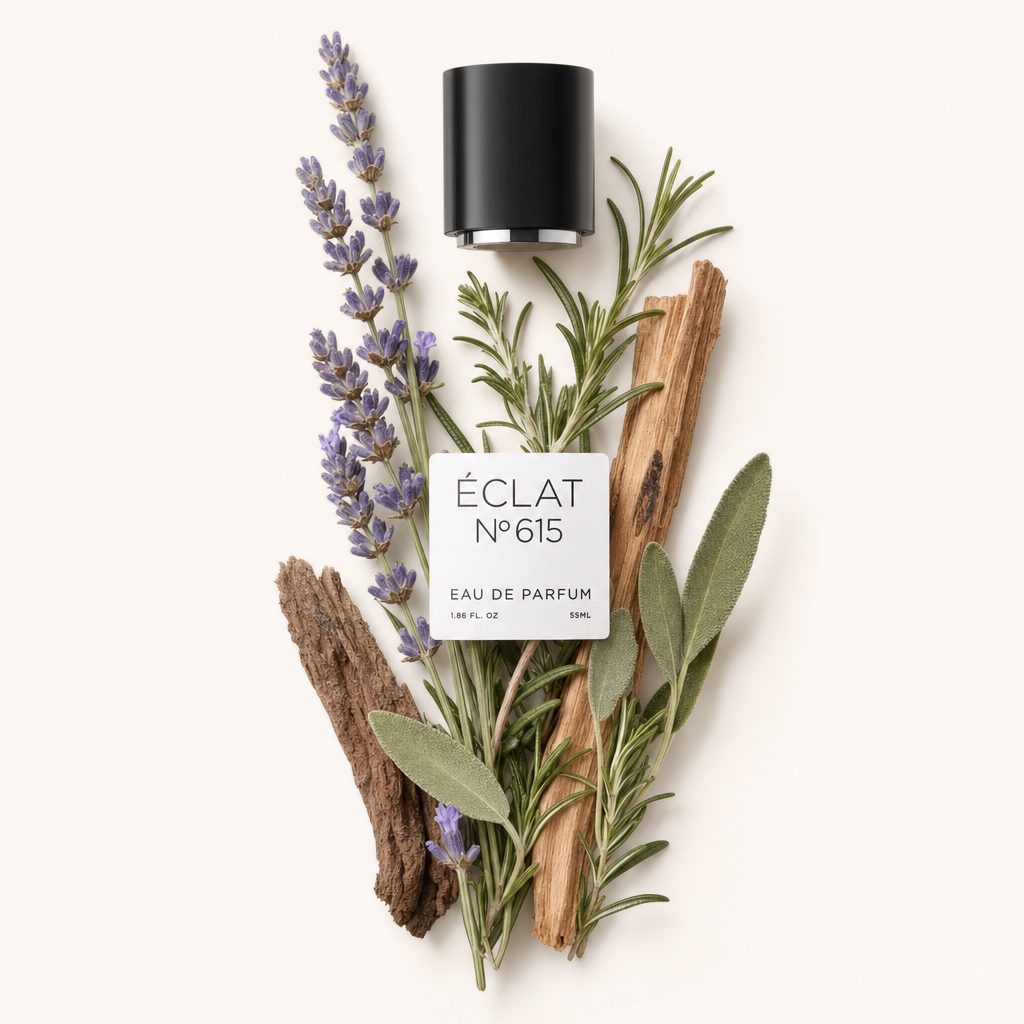 Ein Arrangement aus Holz und Kräutern mit Lavendel und Salbei umgibt eine schwarze Kappe mit ÉCLAT-Etikett.