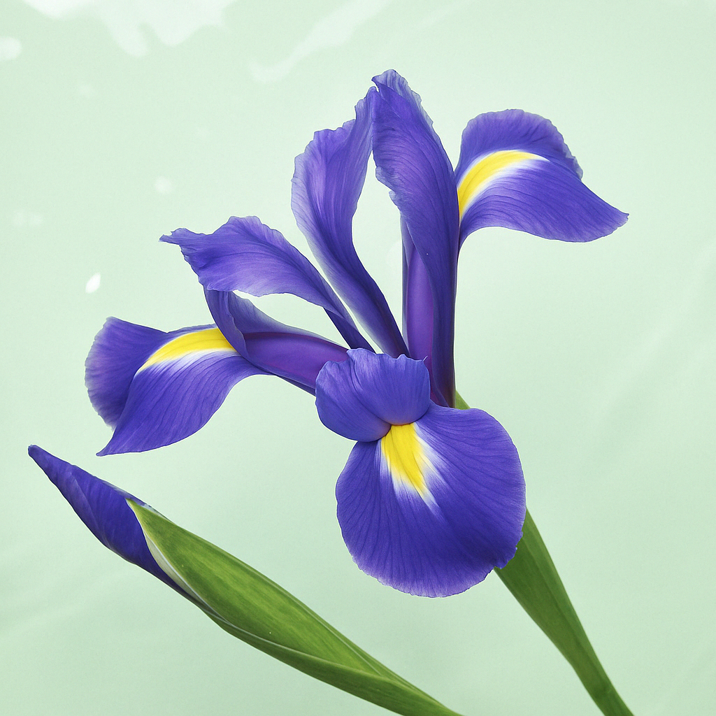 Nahaufnahme einer violetten Irisblüte mit grünen Blättern vor einem sanften grünen Hintergrund.