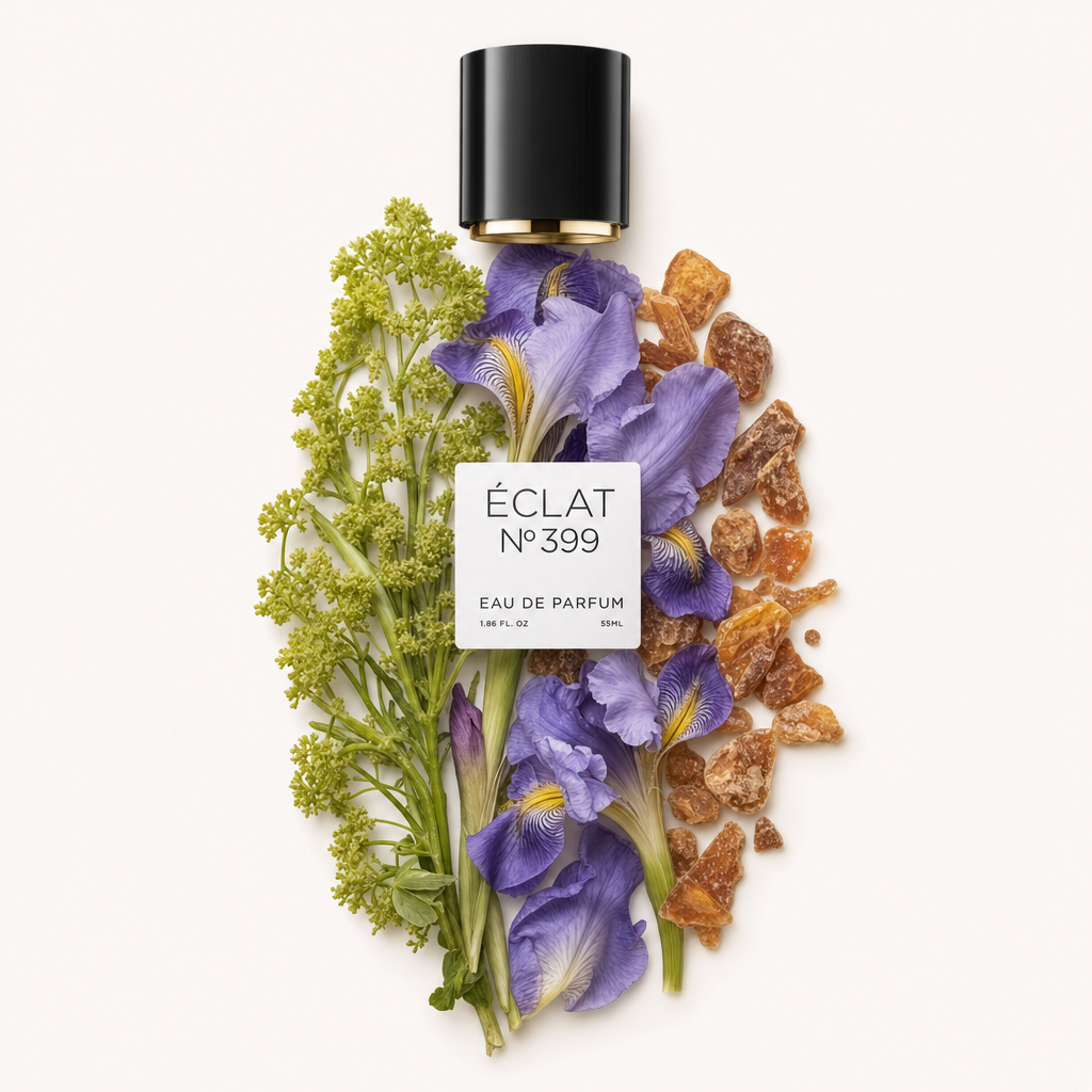 Ein Arrangement aus grünen Blüten, violetten Iris und Bernsteinkristallen umgibt eine schwarze Kappe mit einem Etikett, auf dem ÉCLAT Woody Iris steht.