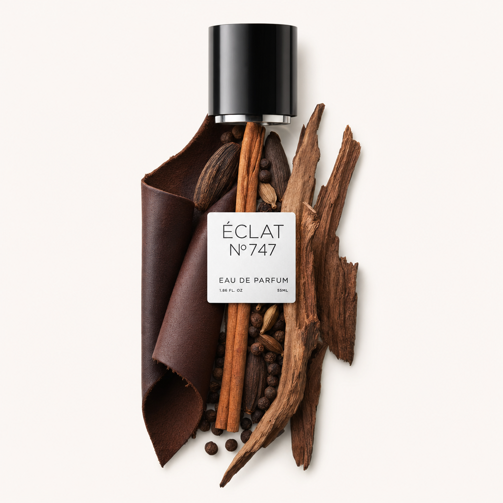 Ein Arrangement aus Zimtstangen, schwarzem Pfeffer, Lederstücken und Holz umgibt eine schwarze Kappe mit ÉCLAT 747 Etikett.