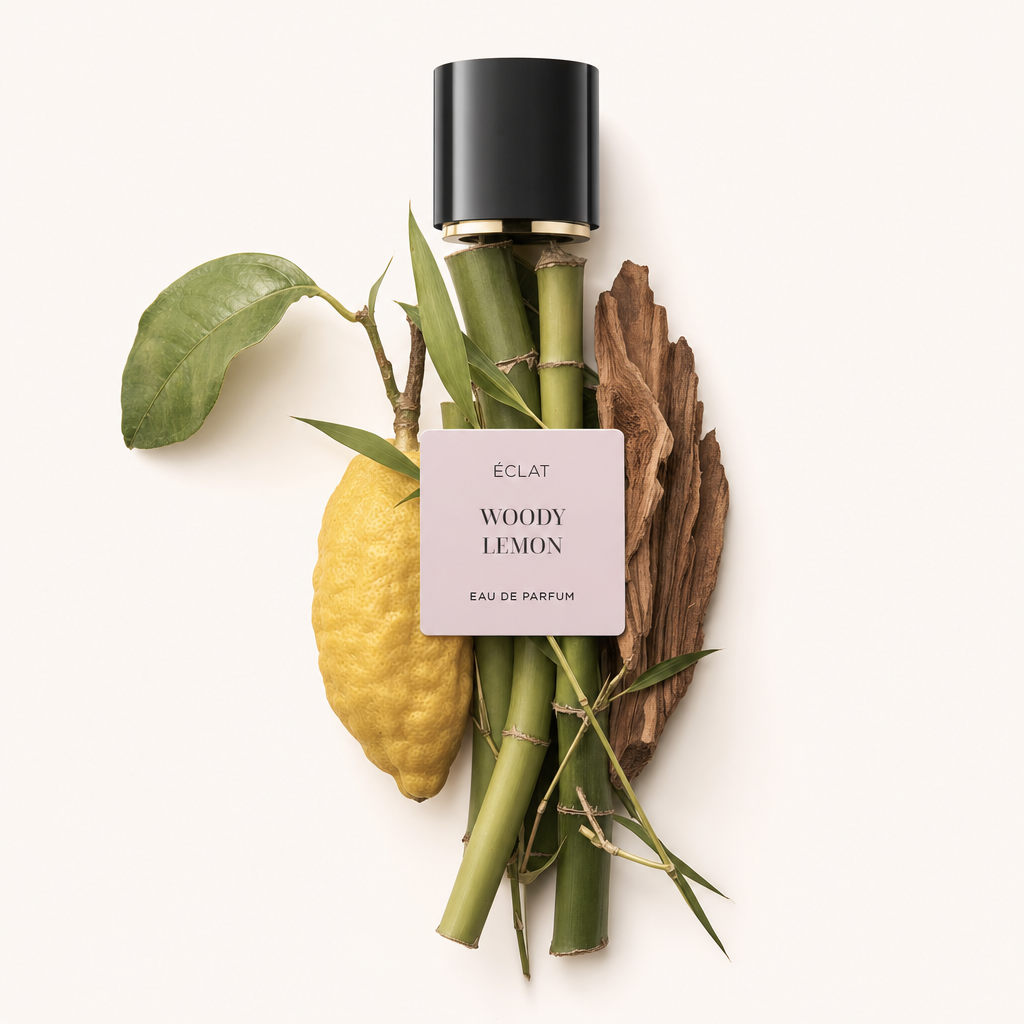 Ein Arrangement aus Bambus, einer Zitrone mit Blättern und Holzstücken um die originale schwarze Verschlusskappe mit Etikett von ÉCLAT Woody Lemon.