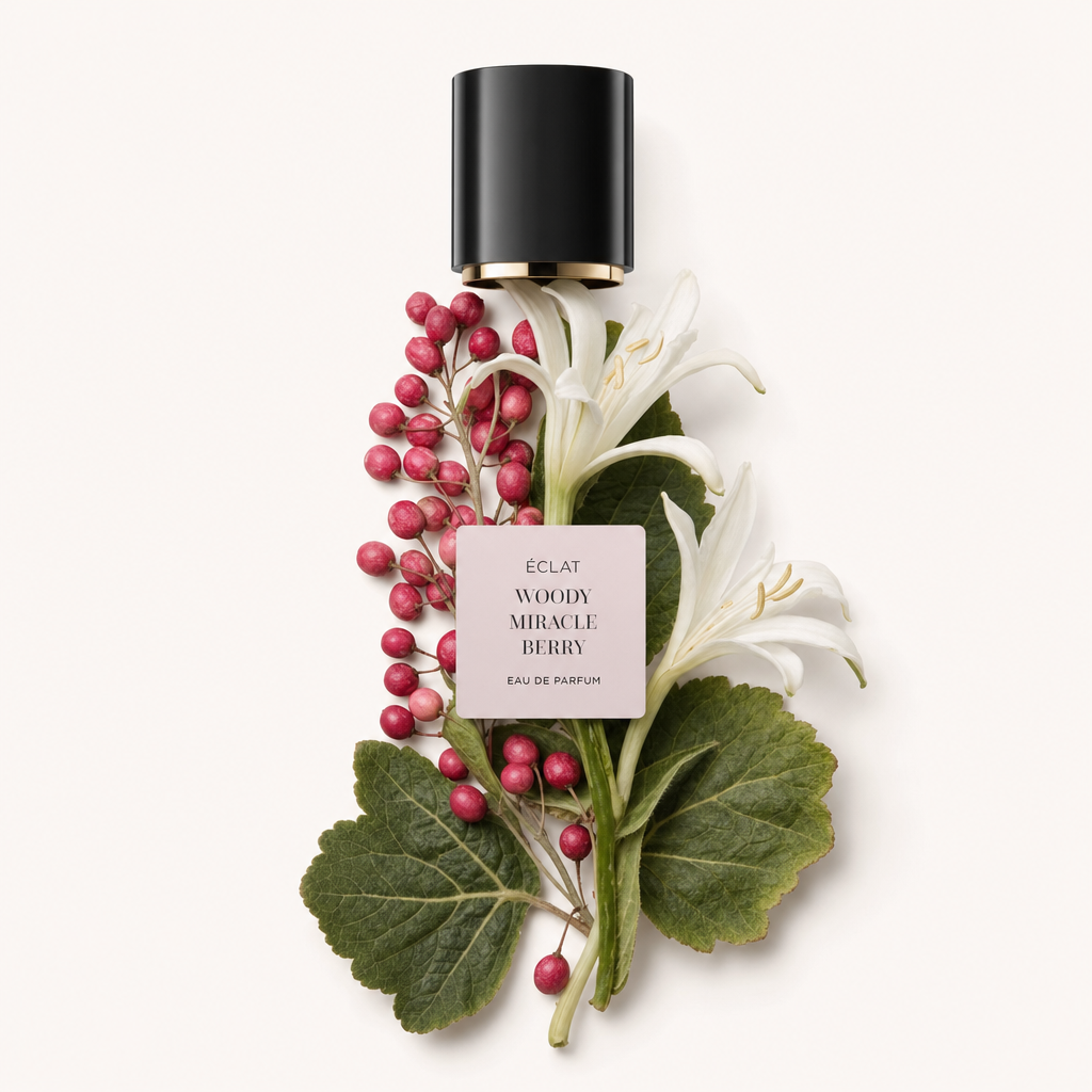 Ein kunstvolles Arrangement aus rosa Beeren, weißen Lilien und grünen Blättern um die originale schwarze Verschlusskappe mit beschriftetem Etikett von ÉCLAT Woody Miracle Berry.
