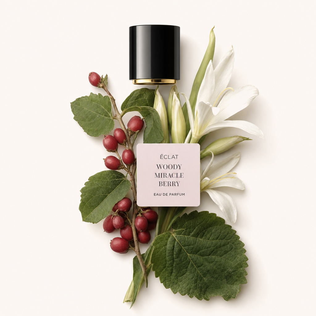 Ein Arrangement aus grünen Blättern, roten Beeren und weißen Blüten mit einer schwarzen Kappe von ÉCLAT Woody Miracle Berry.