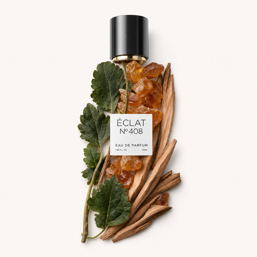Ein elegantes Arrangement aus grünen Blättern und Bernsteinsteinen mit holzigen Stöcken umgibt die originale schwarze Verschlusskappe mit Etikett für ÉCLAT Woody Patchouli.