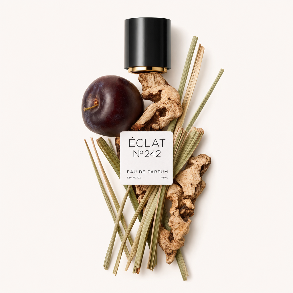 Ein Arrangement aus getrockneten Holzteilen, Zitronengrasstängeln und einer reifen Pflaume veranschaulicht die Noten von ÉCLAT Woody Plum. Oben liegt eine schwarze Kappe mit Etikett.