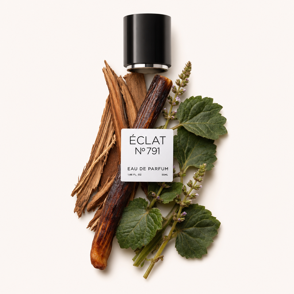 Ein Arrangement von Duftzutaten mit Holzspänen, einer Vanilleschote und grünen Blättern, dazu eine schwarze Verschlusskappe mit Etikett für ÉCLAT VIP - Woody Rum.