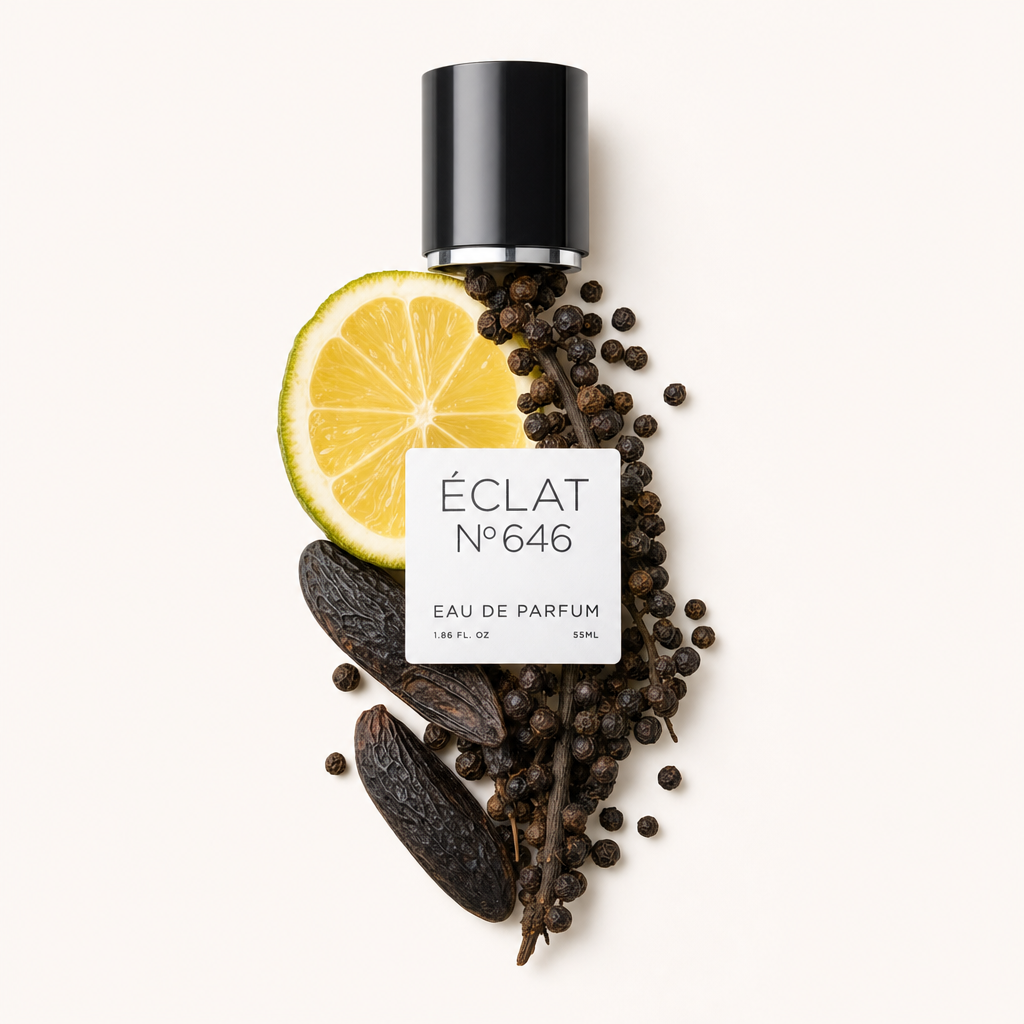 Eine Komposition aus Zitronenscheibe, Tonkabohnen und Pfefferkörnern umgibt die schwarze Kappe mit einem Etikett von ÉCLAT Woody Tonka Bean.