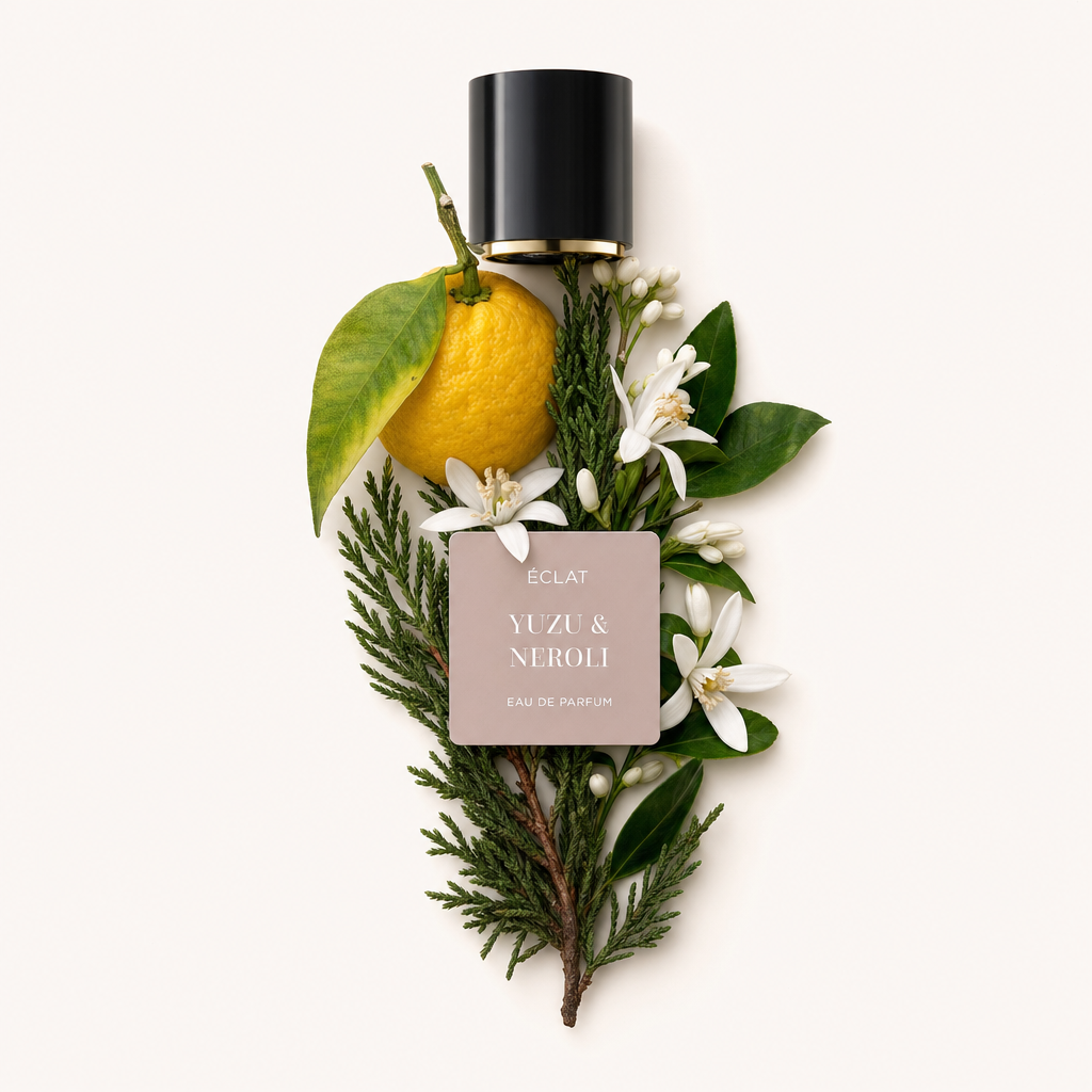 Ein kunstvoll arrangiertes Stillleben der Zutaten von ÉCLAT Yuzu & Neroli mit einer ganzen Yuzu-Frucht, weißen Neroli-Blüten, grünen Blättern und einer schwarzen Kappe mit elegantem Etikett.