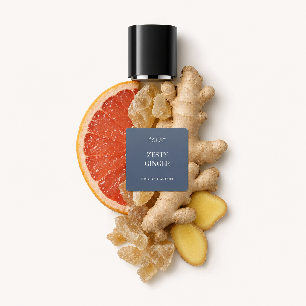 Ein Arrangement aus Grapefruit, Ingwerscheiben und Zuckerkristallen mit einer schwarzen Verschlusskappe obenauf, etikettiert mit ÉCLAT Zesty Ginger.
