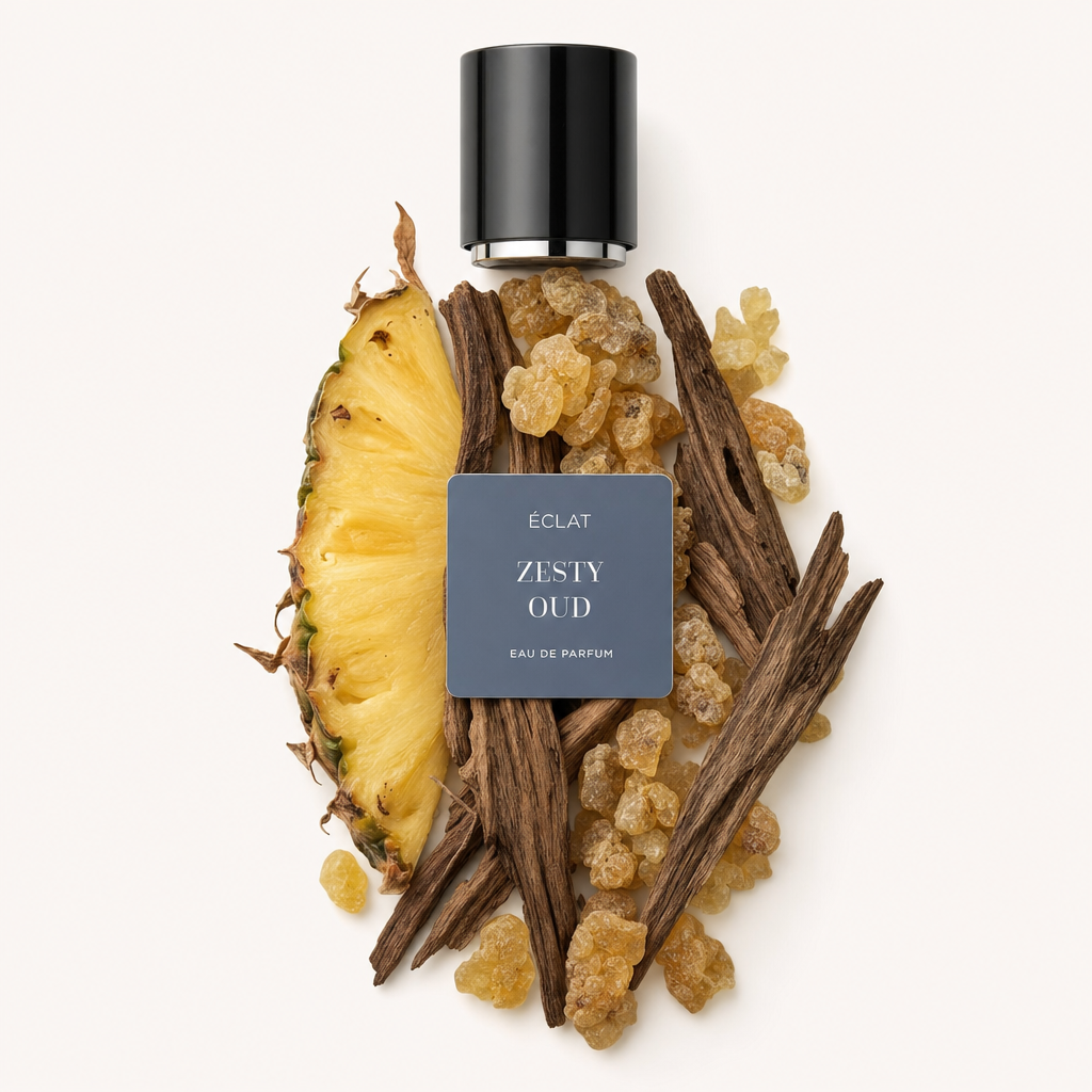 Arrangement aus Ananasscheibe, Oud-Holzstücken und Harz, mit ÉCLAT Zesty Oud Etikett auf einer schwarzen Kappe oben.